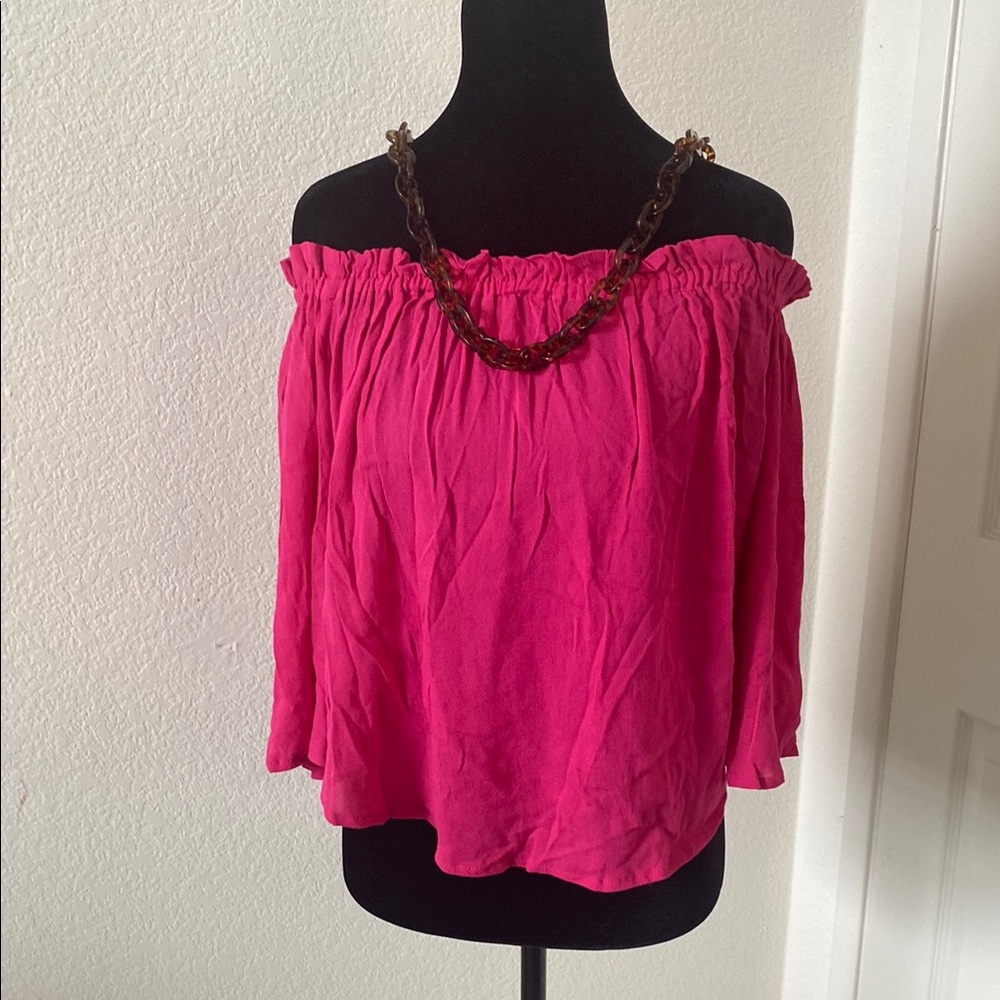 Pink Smocked Off shoulder Blouse with Relaxed 3/4 Sleeves size Small